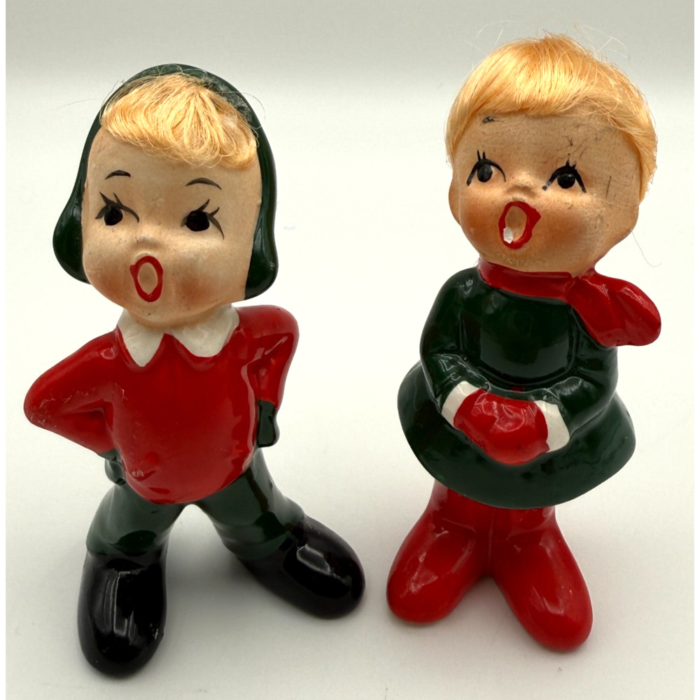 Set of 2 Vintage Napco Caroler Figurines Blonde Hair X-7592 Stickers Japan READ